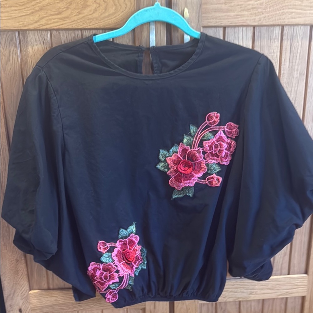 Floral Embroidered Black Top